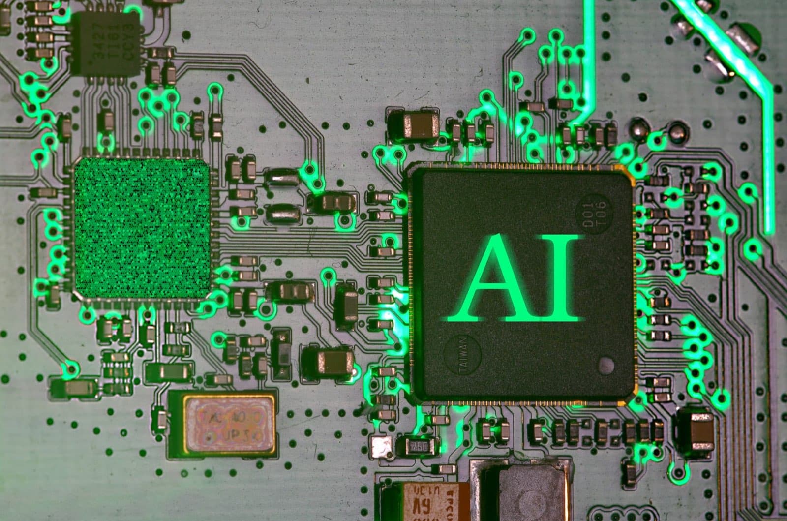 Illuminated AI chip on a circuit board