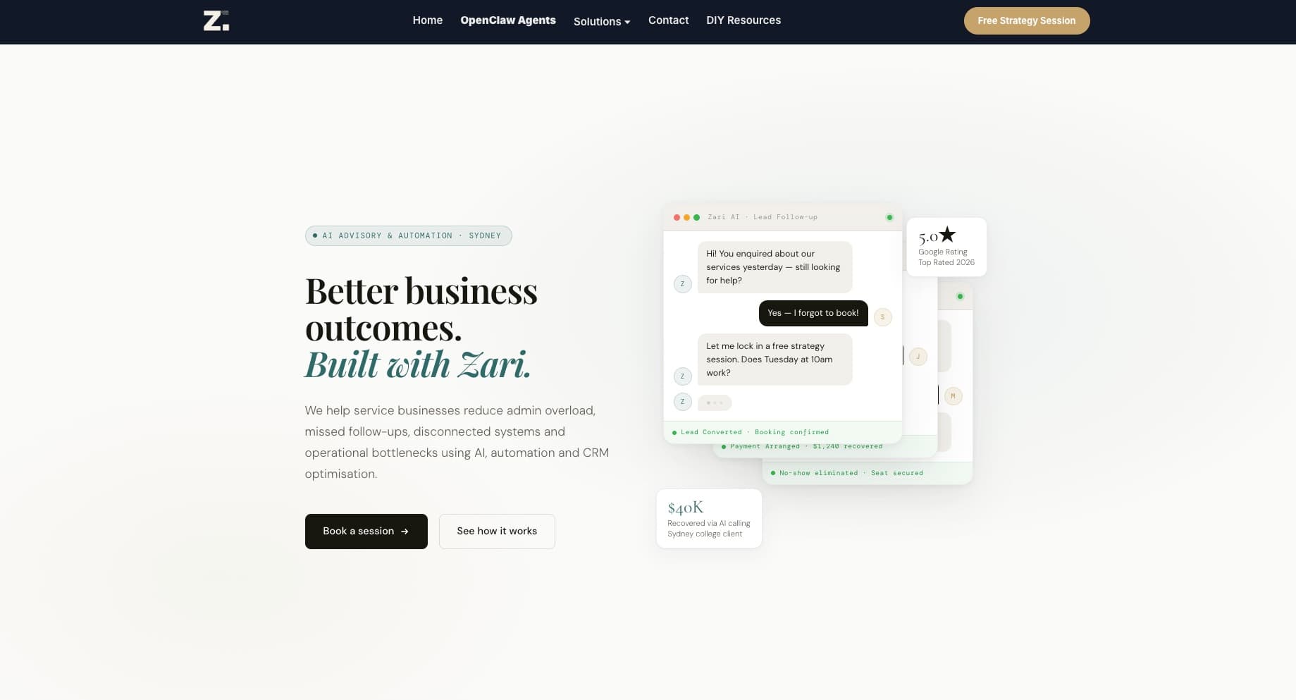 Zari AI website, built by Dream Websites